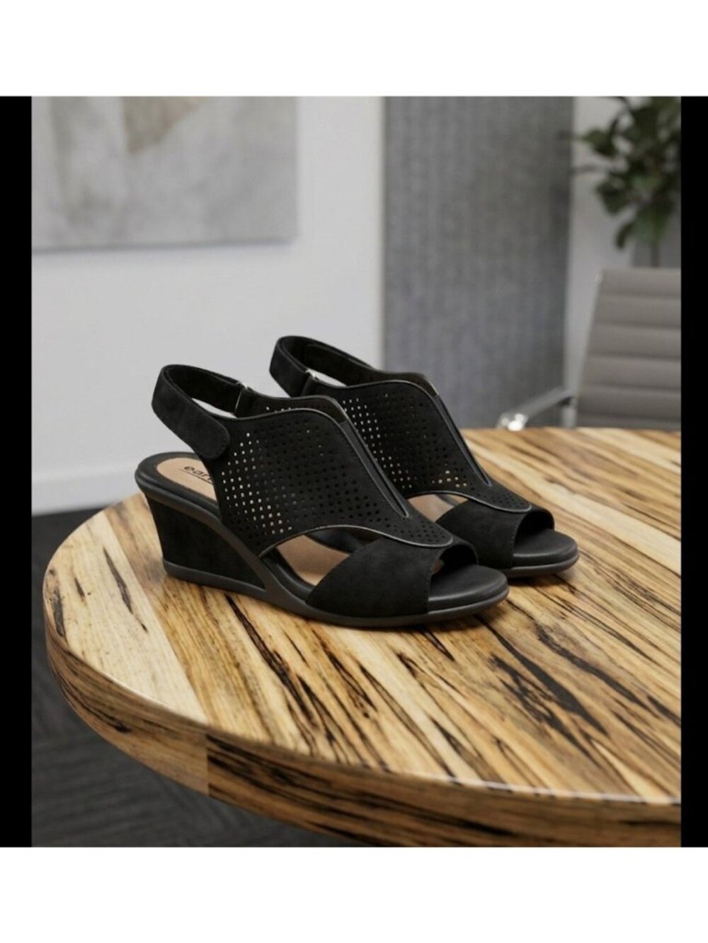 Earth Dalia Black Nubuck Peep Toe Wedge Heel Slingback Comfy Sandals Women 8B